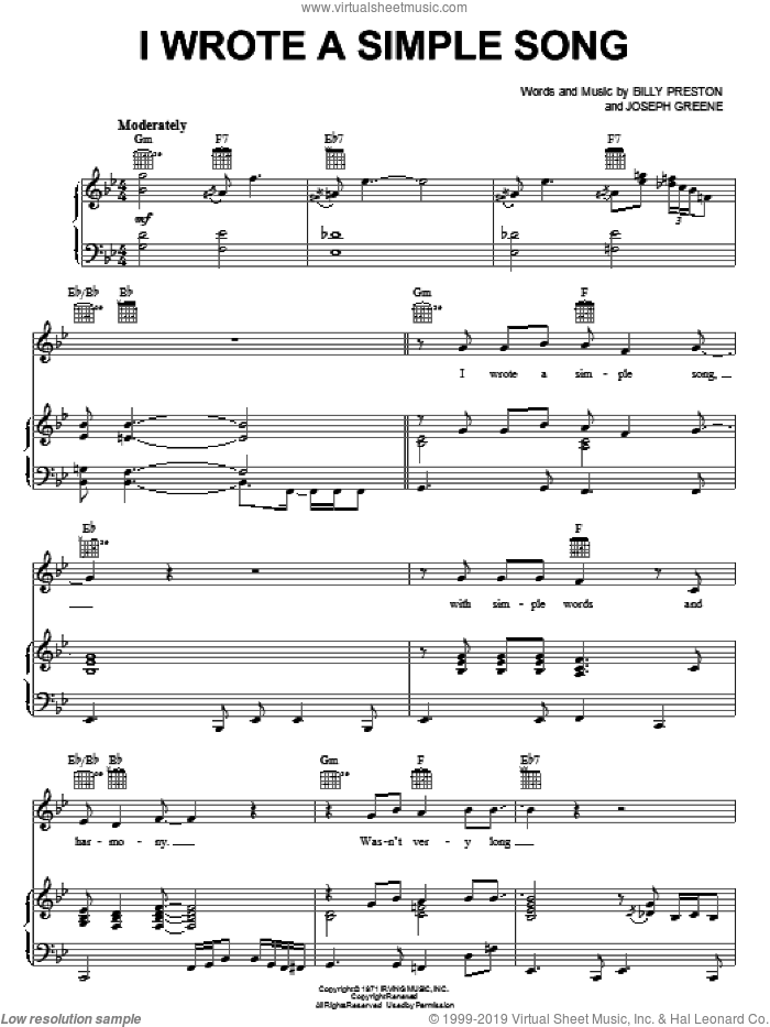 I Wrote A Simple Song sheet music for voice, piano or guitar by Billy Preston and Joseph Greene, intermediate skill level