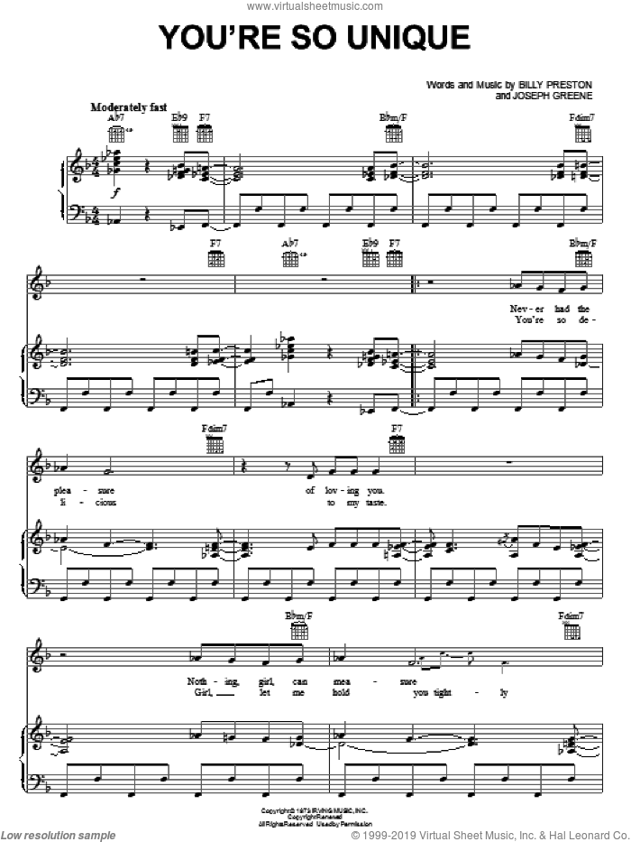 You're So Unique sheet music for voice, piano or guitar by Billy Preston and Joseph Greene, intermediate skill level