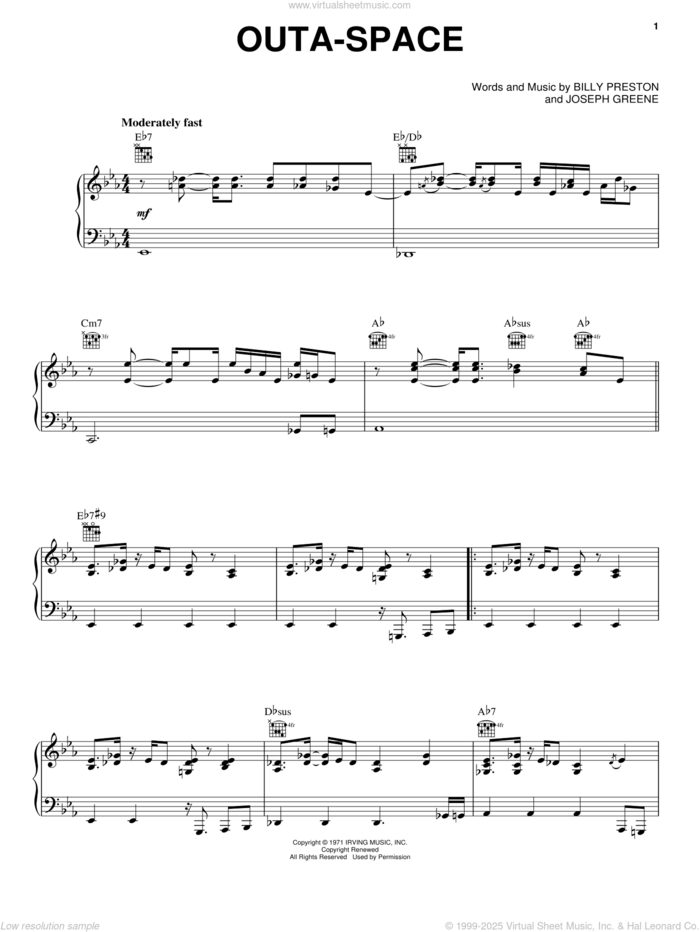 Outa-Space sheet music for voice, piano or guitar by Billy Preston and Joseph Greene, intermediate skill level