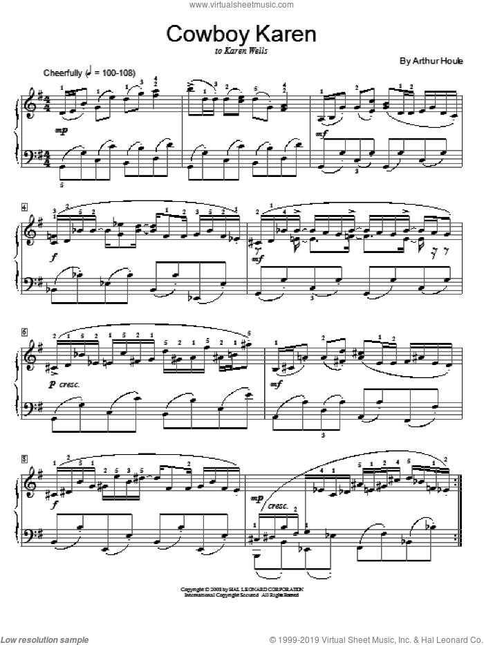Cowboy Karen sheet music for piano solo (elementary) by Arthur Houle, beginner piano (elementary)