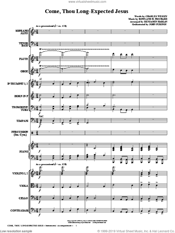 Come, Thou Long-Expected Jesus (COMPLETE) sheet music for orchestra/band (Orchestra) by Rowland Prichard, Benjamin Harlan and Charles Wesley, intermediate skill level