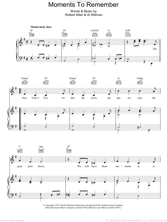 Moments To Remember sheet music for voice, piano or guitar by The Four Lads, Al Stillman and Robert Allen, intermediate skill level