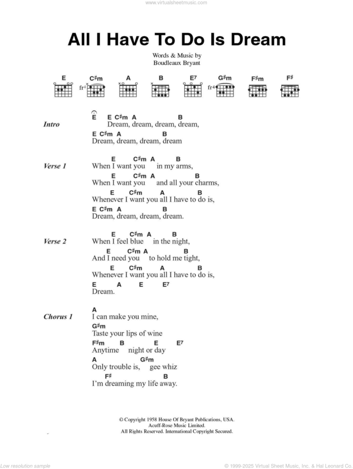 All I Have To Do Is Dream sheet music for voice, piano or guitar by Everly Brothers and Boudleaux Bryant, intermediate skill level