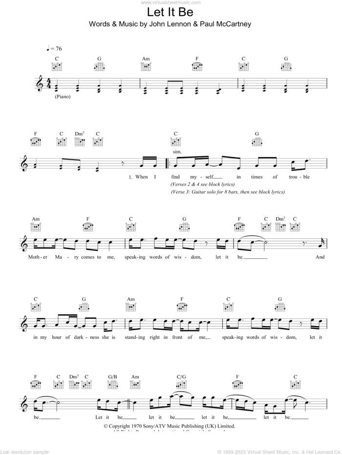 Let It Be sheet music for voice and other instruments (fake book) by The Beatles, John Lennon and Paul McCartney, intermediate skill level