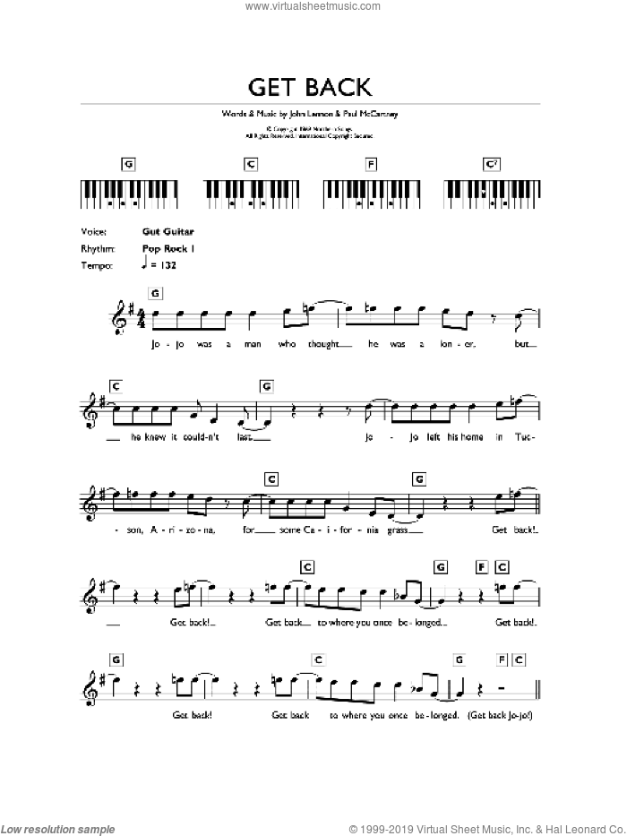 Get Back sheet music for piano solo (chords, lyrics, melody) by The Beatles, John Lennon and Paul McCartney, intermediate piano (chords, lyrics, melody)