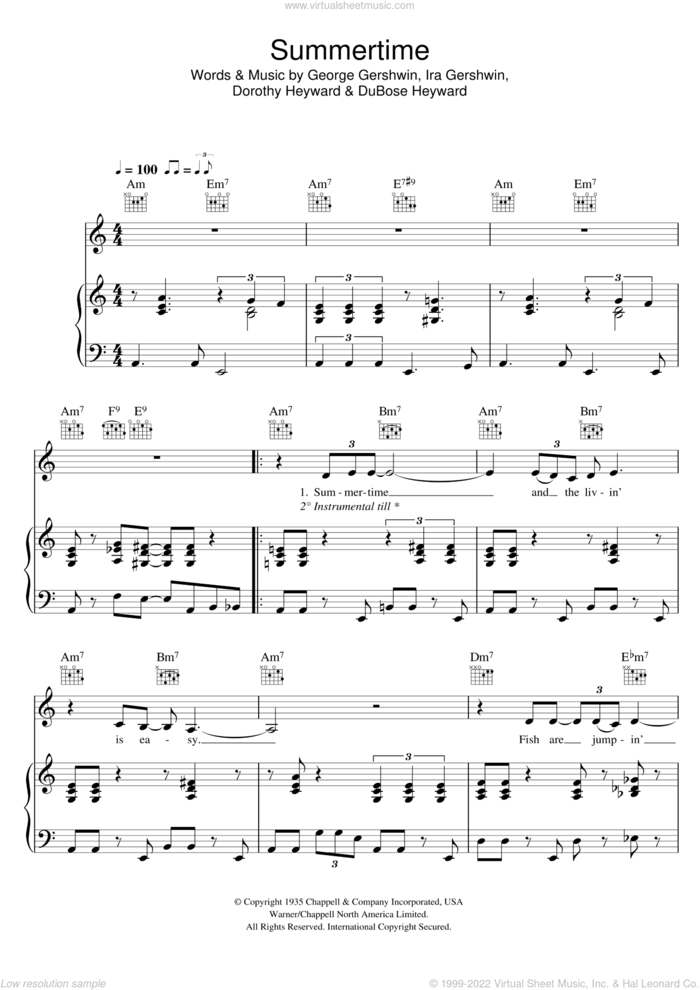 Summertime (from Porgy And Bess) sheet music for voice, piano or guitar by Eva Cassidy, Dorothy Heyward, DuBose Heyward, George Gershwin and Ira Gershwin, intermediate skill level