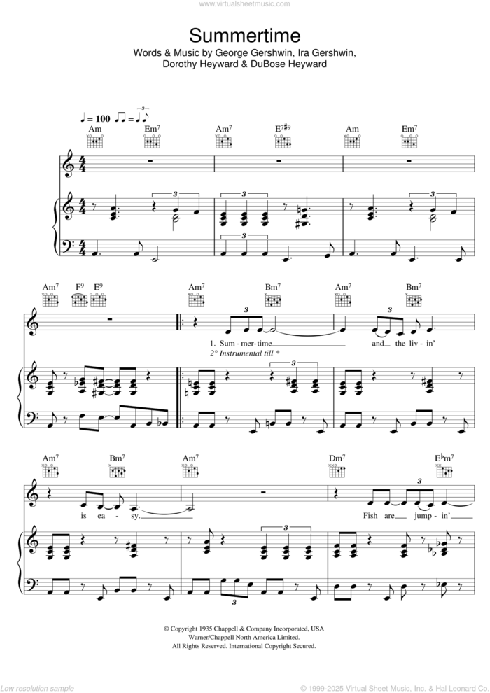 Summertime (from Porgy And Bess) sheet music for voice, piano or guitar by Eva Cassidy, Dorothy Heyward, DuBose Heyward, George Gershwin and Ira Gershwin, intermediate skill level