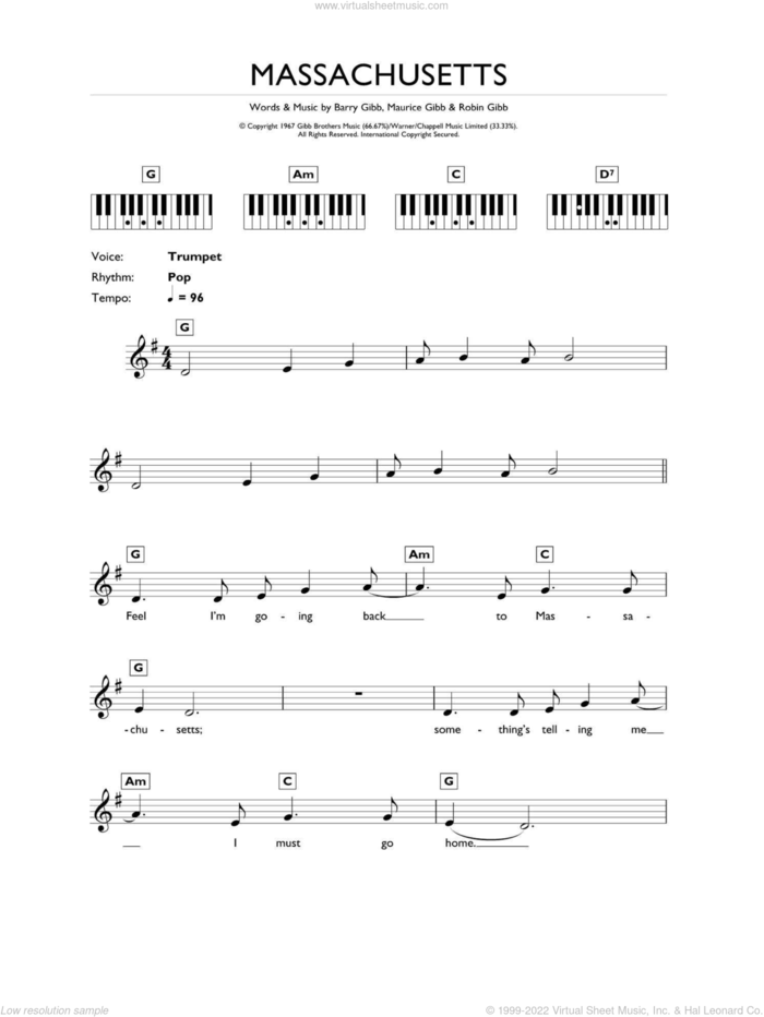 Massachusetts sheet music for piano solo (chords, lyrics, melody) by Bee Gees, Barry Gibb, Maurice Gibb and Robin Gibb, intermediate piano (chords, lyrics, melody)