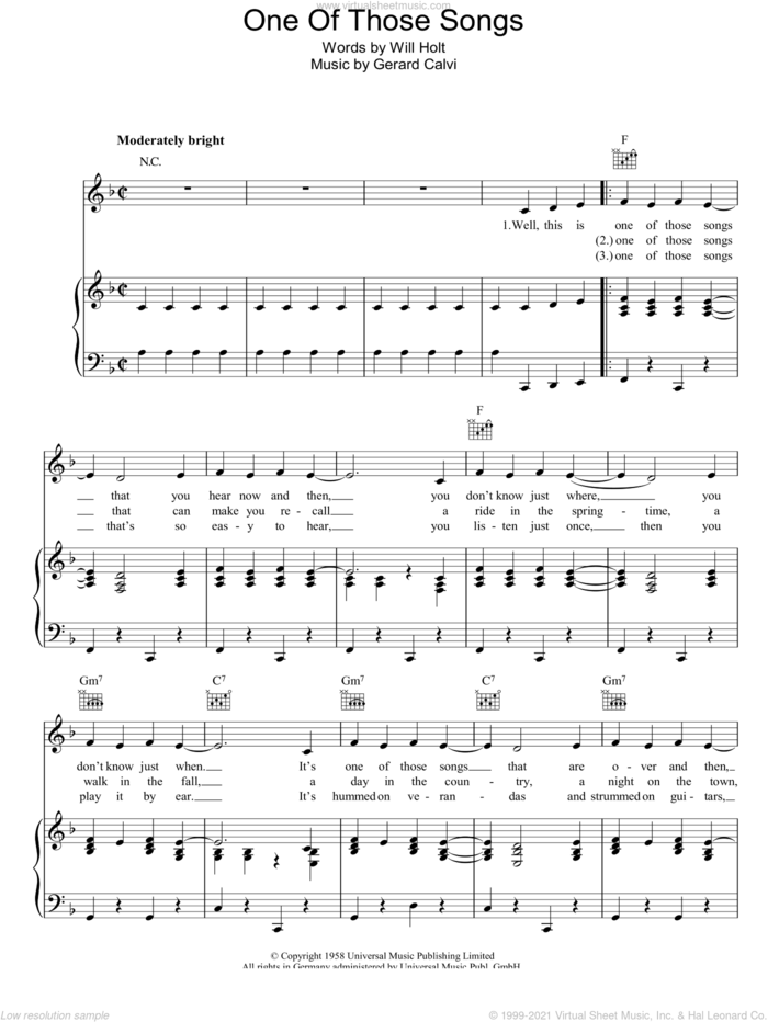 One Of Those Songs (Le Bal De Madame de Mortemouille) sheet music for voice, piano or guitar by Jimmy Durante, Gerard Calvi and Will Holt, intermediate skill level