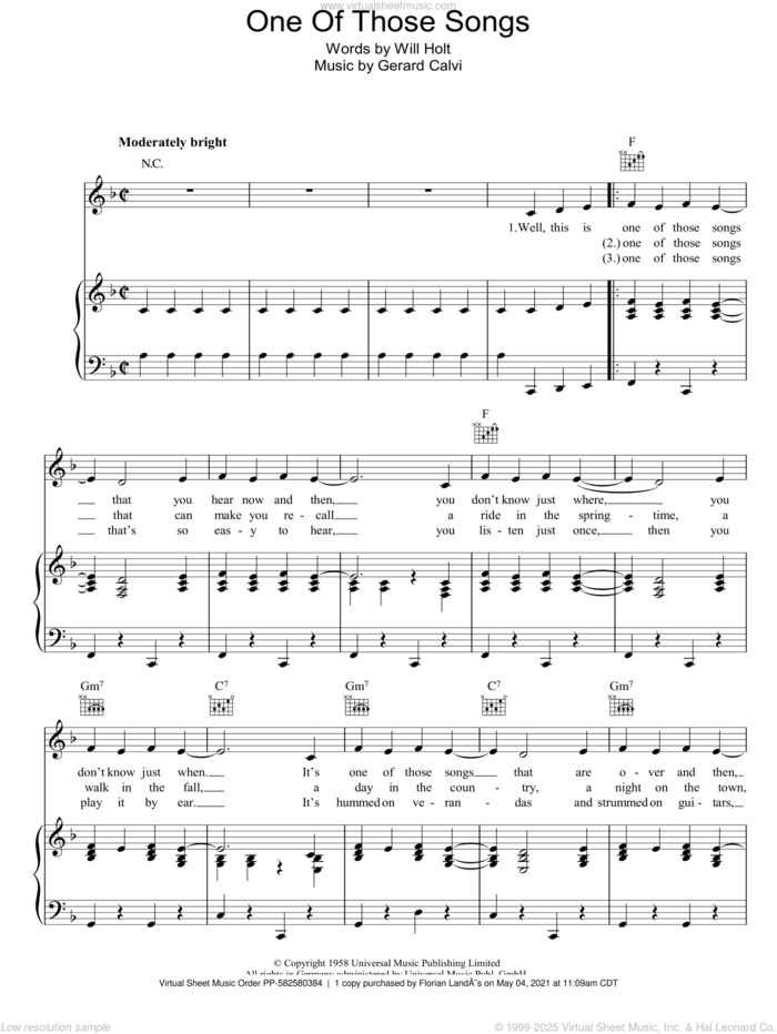 One Of Those Songs (Le Bal De Madame de Mortemouille) sheet music for voice, piano or guitar by Jimmy Durante, Gerard Calvi and Will Holt, intermediate skill level