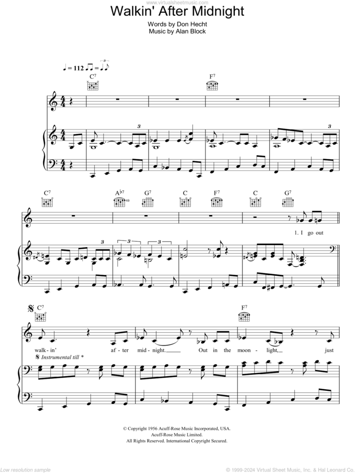 Walkin' After Midnight sheet music for voice, piano or guitar by Eva Cassidy, Alan Block and Don Hecht, intermediate skill level