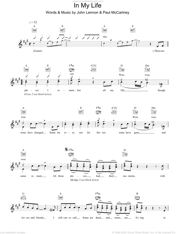In My Life sheet music for voice and other instruments (fake book) by The Beatles, John Lennon and Paul McCartney, wedding score, intermediate skill level
