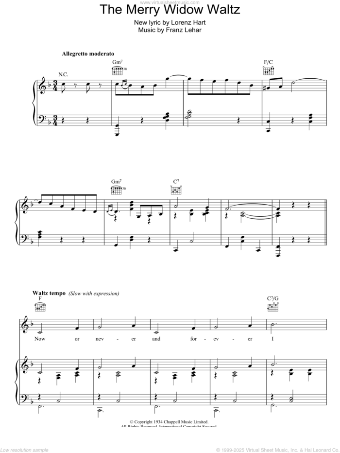 The Merry Widow Waltz sheet music for voice, piano or guitar by Franz Lehar and Lorenz Hart, intermediate skill level