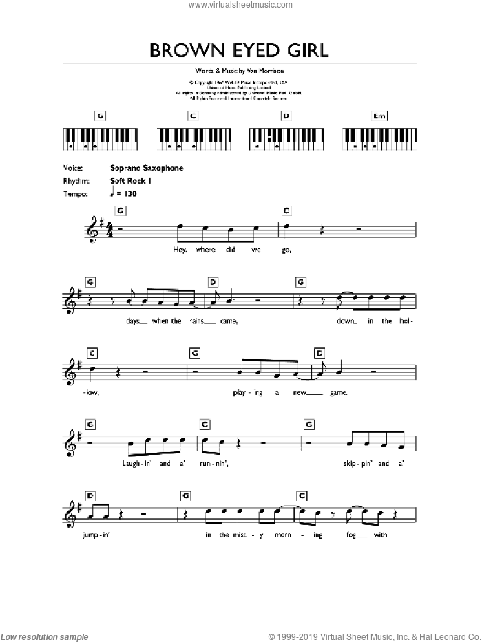 Brown Eyed Girl sheet music for piano solo (chords, lyrics, melody) by Van Morrison, intermediate piano (chords, lyrics, melody)