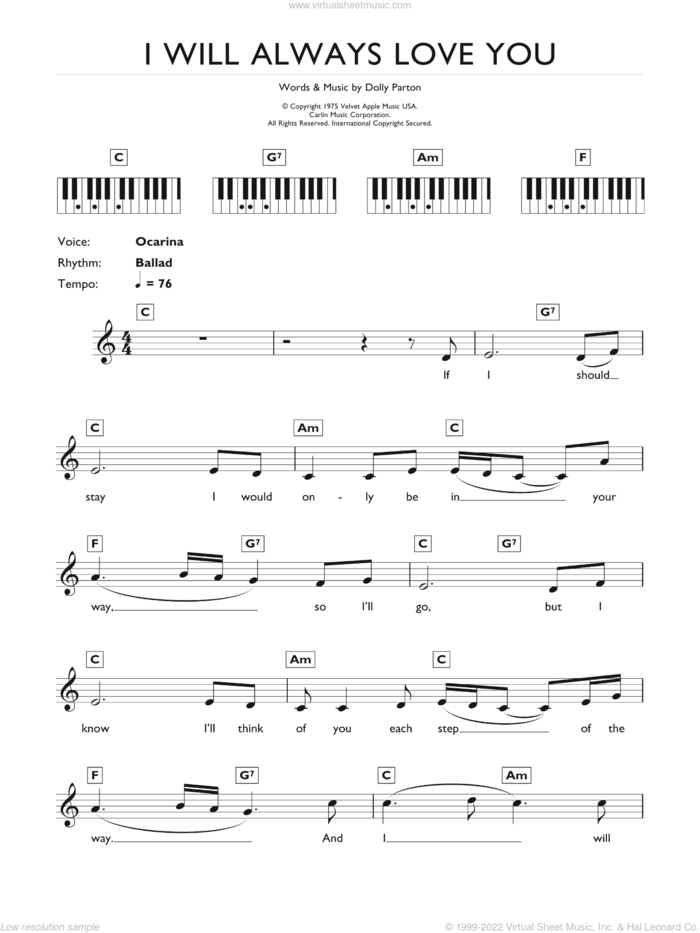 I Will Always Love You sheet music for piano solo (keyboard) by Whitney Houston and Dolly Parton, wedding score, intermediate piano (keyboard)
