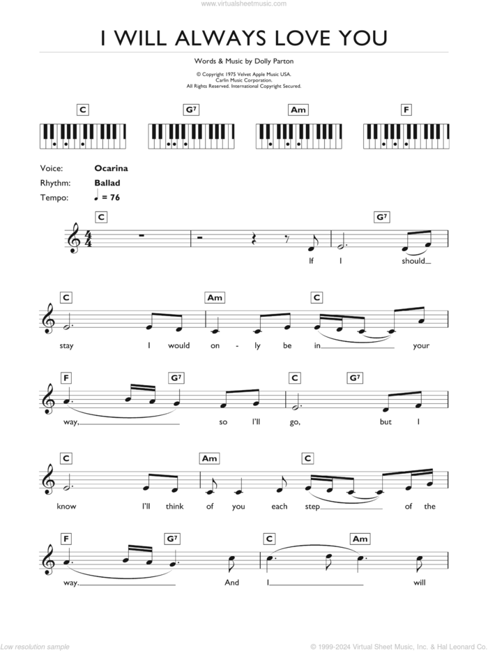 I Will Always Love You sheet music for piano solo (keyboard) by Whitney Houston and Dolly Parton, wedding score, intermediate piano (keyboard)