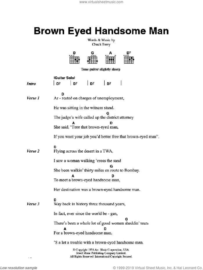 Brown Eyed Handsome Man sheet music for voice, piano or guitar by Chuck Berry, intermediate skill level