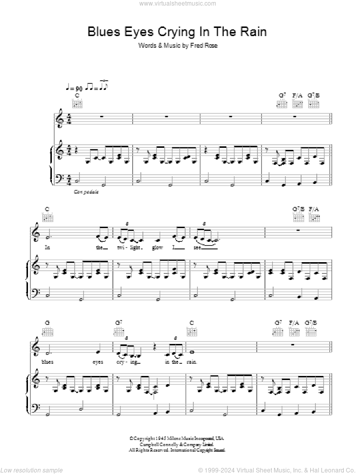 Blue Eyes Crying In The Rain sheet music for voice, piano or guitar by Eva Cassidy and Fred Rose, intermediate skill level