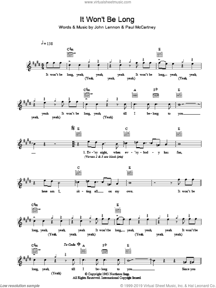 It Won't Be Long sheet music for voice and other instruments (fake book) by The Beatles, John Lennon and Paul McCartney, intermediate skill level