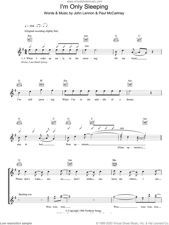 I'm Only Sleeping sheet music for voice and other instruments (fake book) by The Beatles, John Lennon and Paul McCartney, intermediate skill level