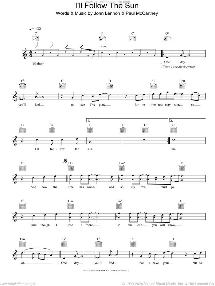 I'll Follow The Sun sheet music for voice and other instruments (fake book) by The Beatles, John Lennon and Paul McCartney, intermediate skill level