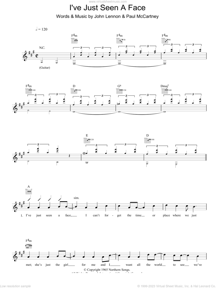I've Just Seen A Face sheet music for voice and other instruments (fake book) by The Beatles, John Lennon and Paul McCartney, intermediate skill level