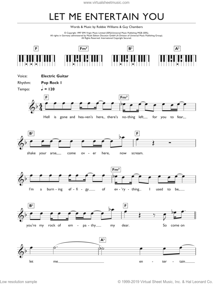 Let Me Entertain You sheet music for piano solo (keyboard) by Robbie Williams and Guy Chambers, intermediate piano (keyboard)