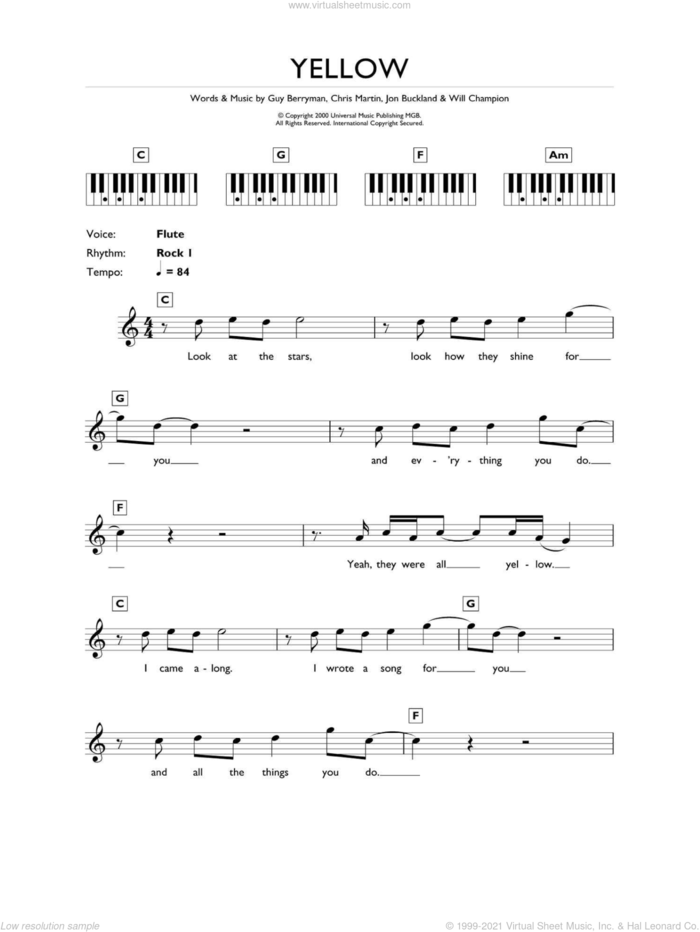 Yellow sheet music for piano solo (chords, lyrics, melody) by Coldplay, Chris Martin, Guy Berryman, Jon Buckland and Will Champion, intermediate piano (chords, lyrics, melody)