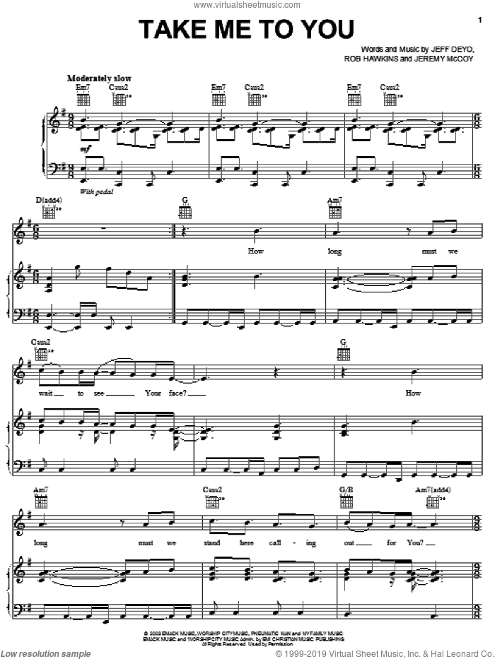 Take Me To You sheet music for voice, piano or guitar by Jeff Deyo, Jeremy McCoy and Rob Hawkins, intermediate skill level