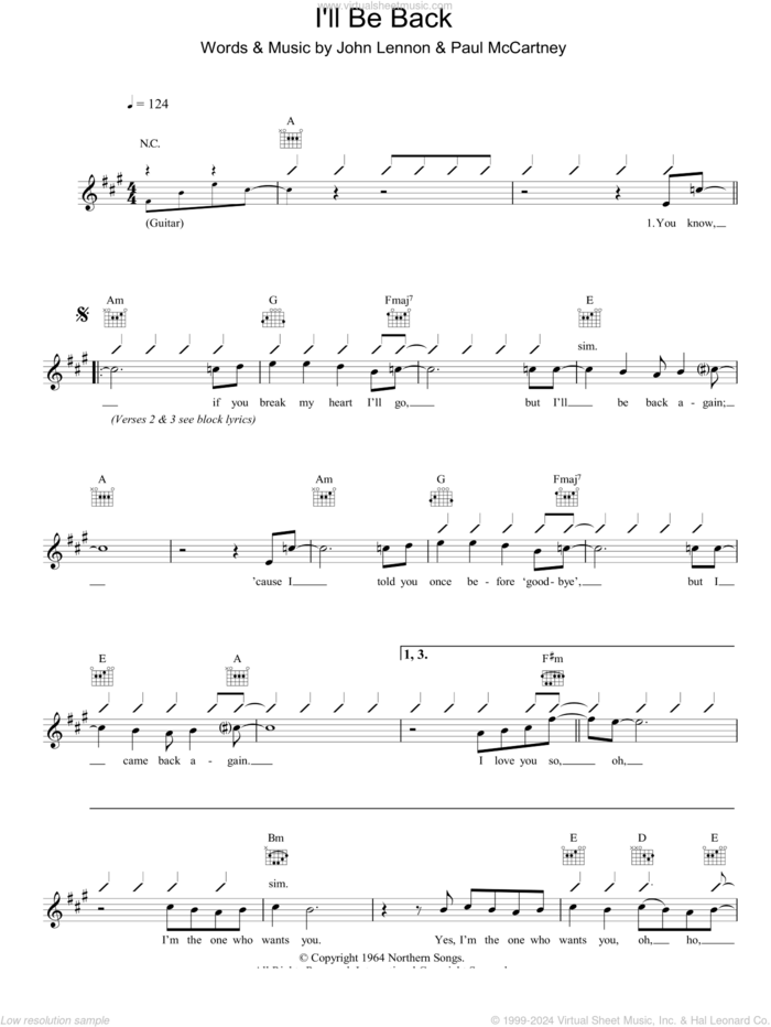 I'll Be Back sheet music for voice and other instruments (fake book) by The Beatles, John Lennon and Paul McCartney, intermediate skill level