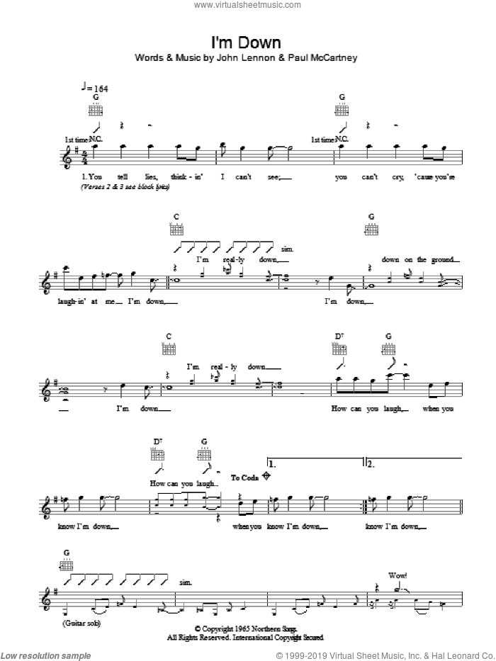 I'm Down sheet music for voice and other instruments (fake book) by The Beatles, John Lennon and Paul McCartney, intermediate skill level