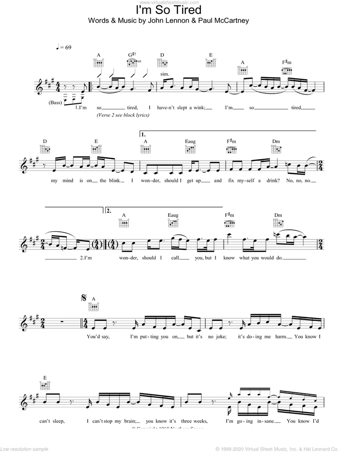 I'm So Tired sheet music for voice and other instruments (fake book) by The Beatles, John Lennon and Paul McCartney, intermediate skill level