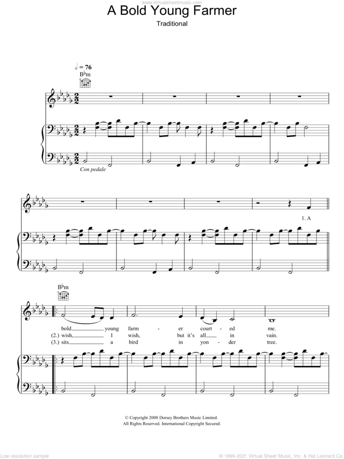 A Bold Young Farmer sheet music for voice, piano or guitar by Eva Cassidy and Miscellaneous, intermediate skill level