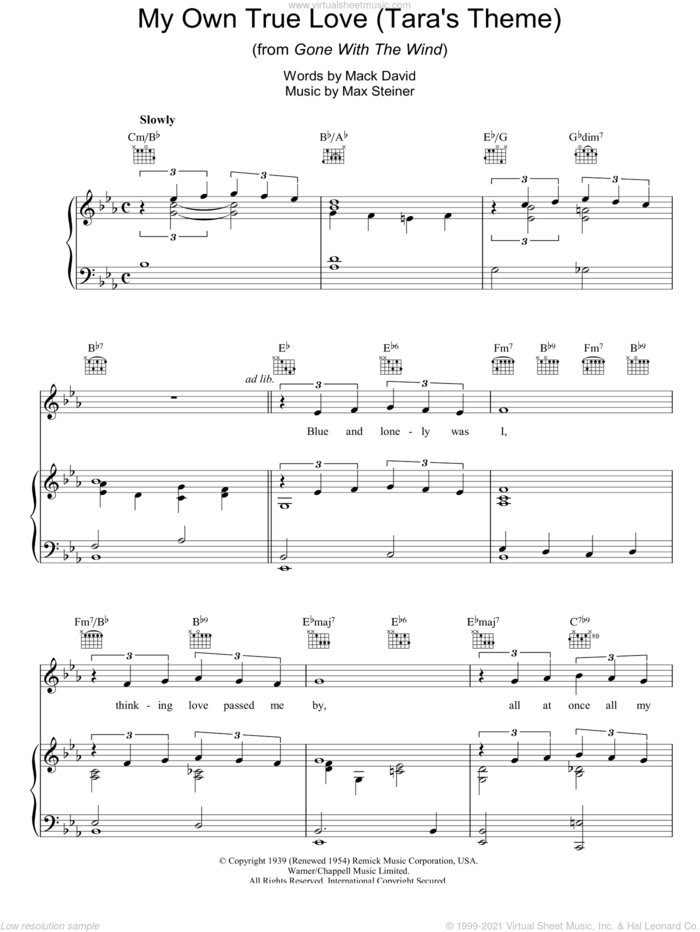 My Own True Love (Tara's Theme) (from Gone With The Wind) sheet music for voice, piano or guitar by Max Steiner and Mack David, intermediate skill level
