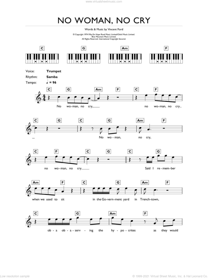 No Woman, No Cry sheet music for piano solo (chords, lyrics, melody) by Bob Marley and Vincent Ford, intermediate piano (chords, lyrics, melody)