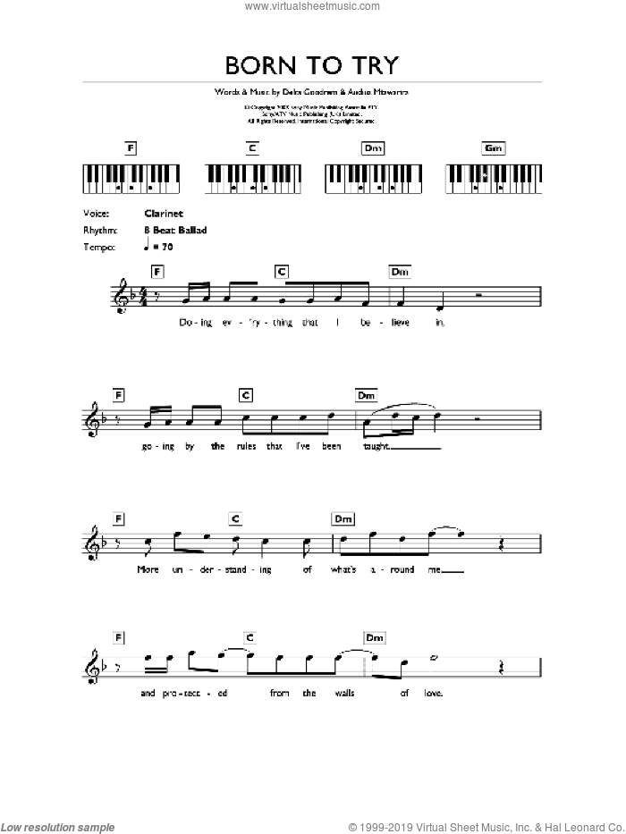 Born To Try sheet music for piano solo (chords, lyrics, melody) by Delta Goodrem and Audius Mtawarira, intermediate piano (chords, lyrics, melody)
