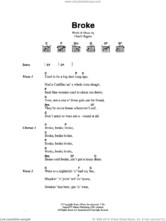 Broke sheet music for voice, piano or guitar by Chuck Higgins, intermediate skill level