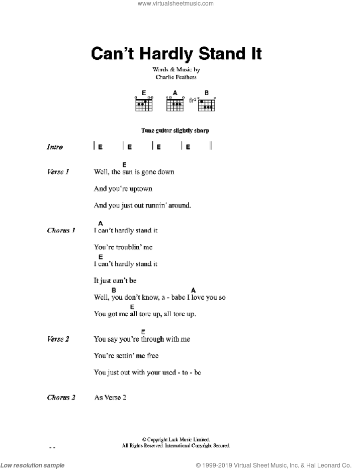 Can't Hardly Stand It sheet music for voice, piano or guitar by Charlie Feathers, intermediate skill level