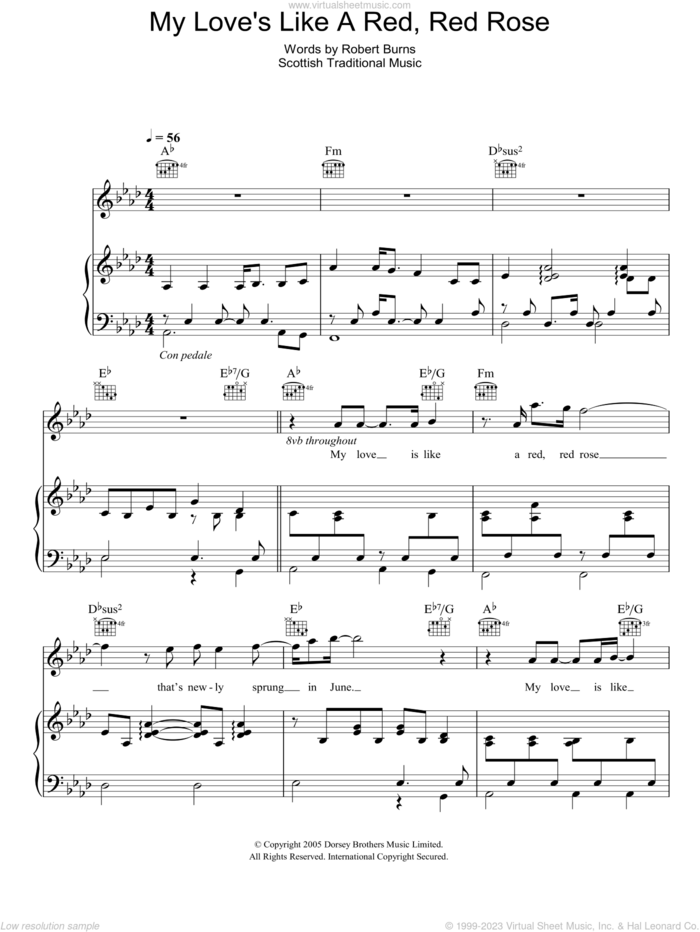 My Love Is Like A Red, Red Rose sheet music for voice, piano or guitar by Eva Cassidy, Miscellaneous and Robert Burns, intermediate skill level