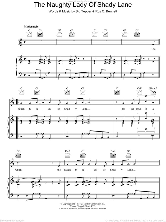 The Naughty Lady Of Shady Lane sheet music for voice, piano or guitar by The Ames Brothers, Roy Bennett and Sid Tepper, intermediate skill level