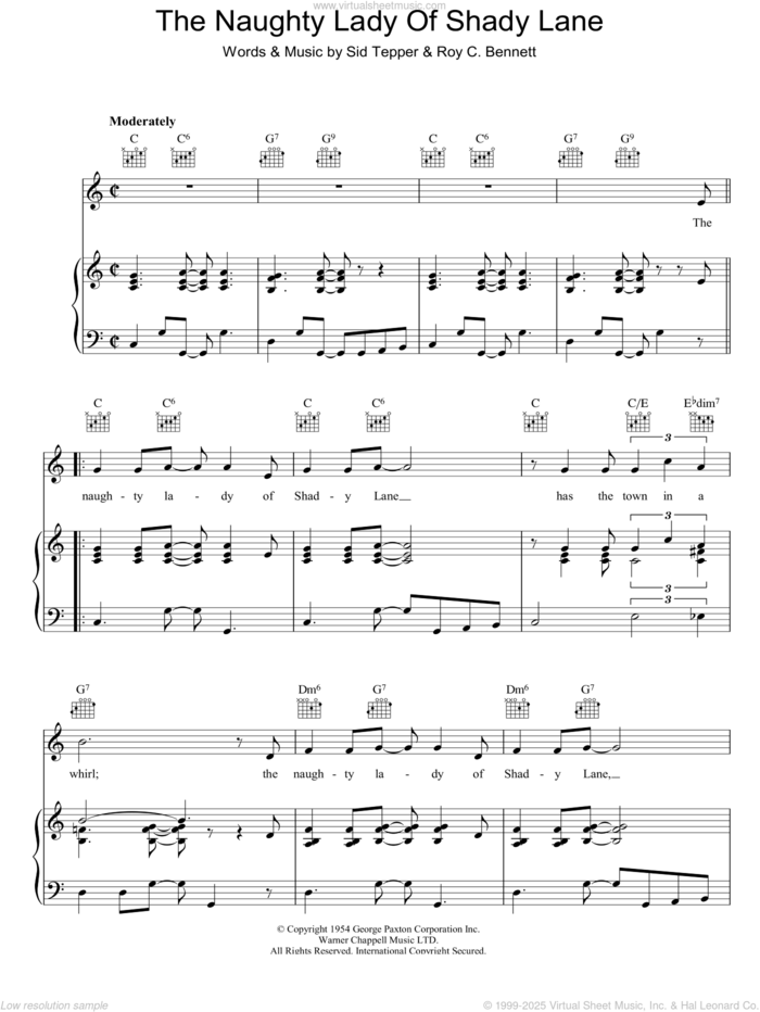 The Naughty Lady Of Shady Lane sheet music for voice, piano or guitar by The Ames Brothers, Roy Bennett and Sid Tepper, intermediate skill level