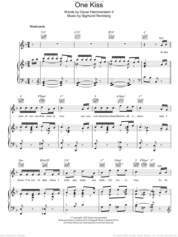 One Kiss sheet music for voice, piano or guitar by Sigmund Romberg and Oscar II Hammerstein, intermediate skill level