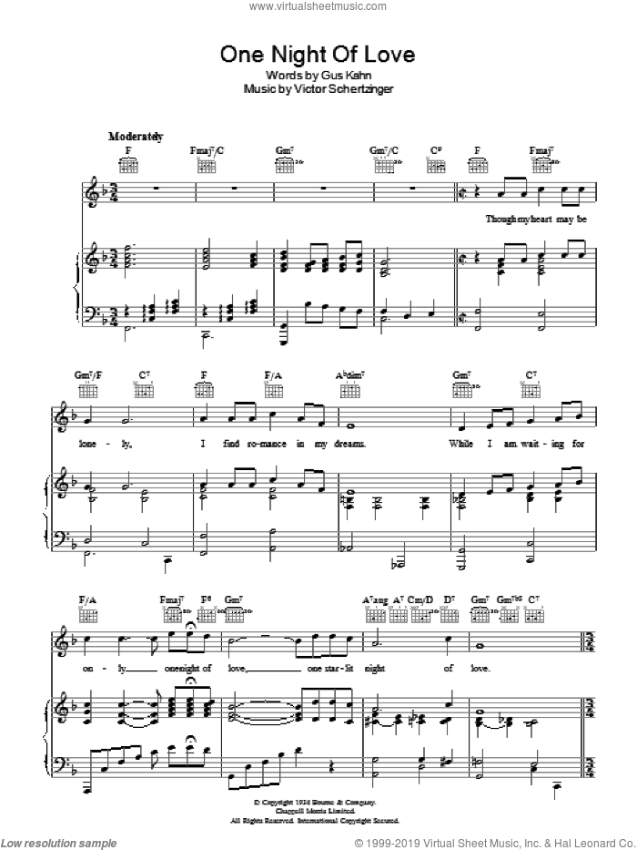 One Night Of Love sheet music for voice, piano or guitar by Gus Kahn and Victor Schertzinger, intermediate skill level