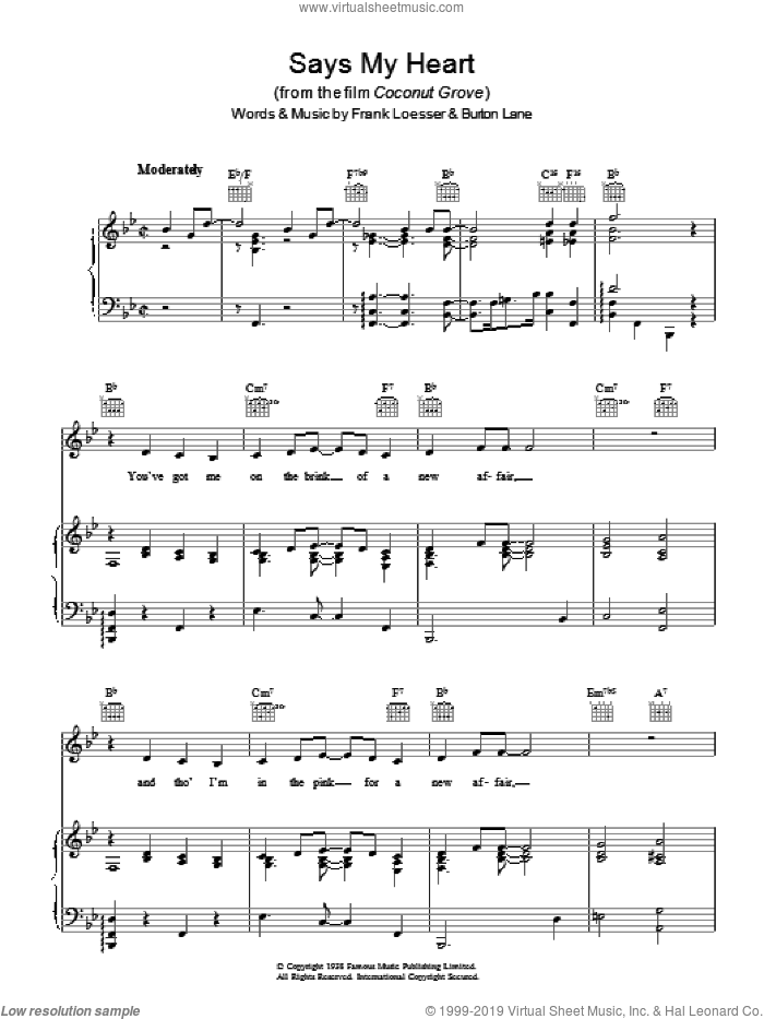 Says My Heart sheet music for voice, piano or guitar by Billie Holiday, Burton Lane and Frank Loesser, intermediate skill level
