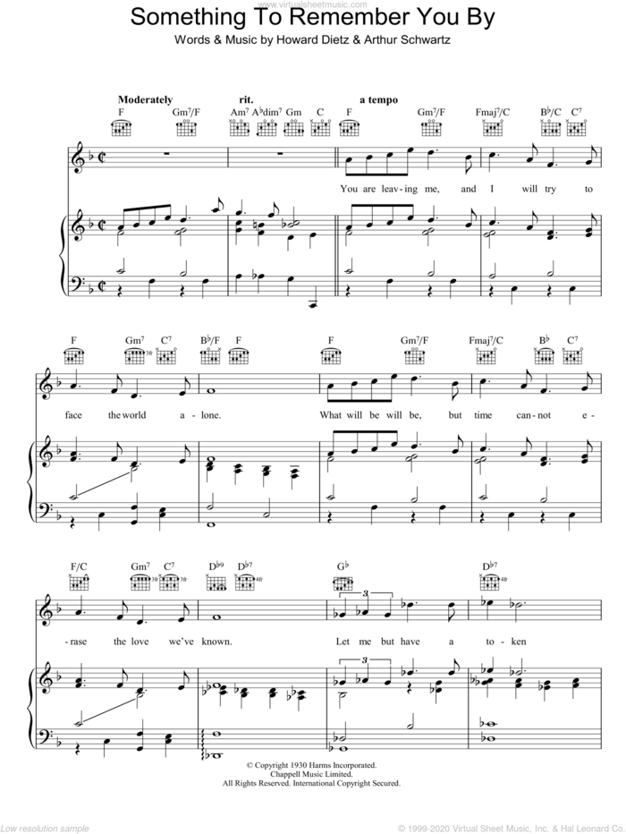Something To Remember You By sheet music for voice, piano or guitar by Vera Lynn, Arthur Schwartz and Howard Dietz, intermediate skill level