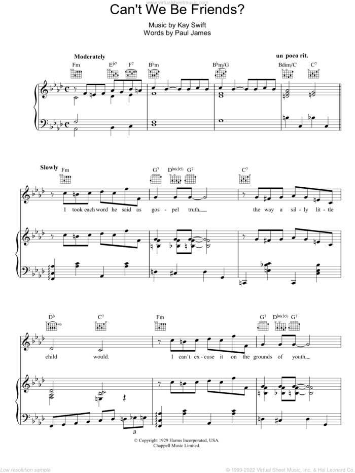 Can't We Be Friends sheet music for voice, piano or guitar by Frank Sinatra, Kay Swift and Paul James, intermediate skill level