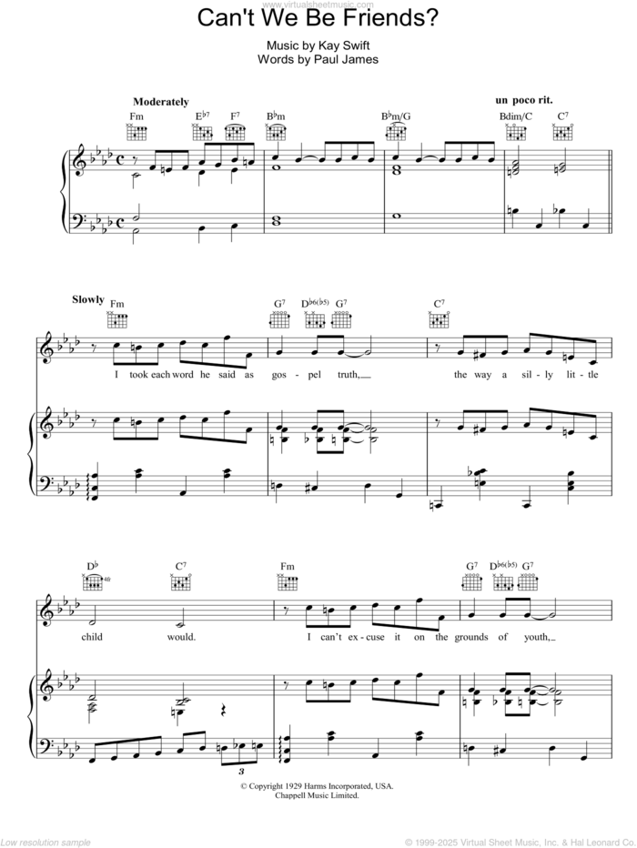 Can't We Be Friends sheet music for voice, piano or guitar by Frank Sinatra, Kay Swift and Paul James, intermediate skill level