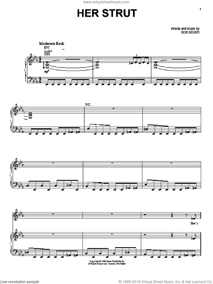 Her Strut sheet music for voice, piano or guitar by Bob Seger, intermediate skill level