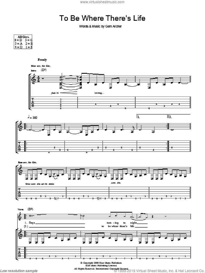 To Be Where There's Life sheet music for guitar (tablature) by Oasis and Gem Archer, intermediate skill level
