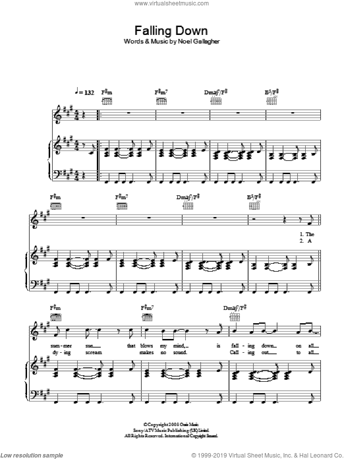 Falling Down sheet music for voice, piano or guitar by Oasis and Noel Gallagher, intermediate skill level